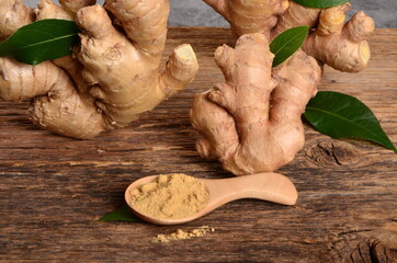Fresh ginger root and ginger powder in the wooden spoon on a old wooden background. Green leaves