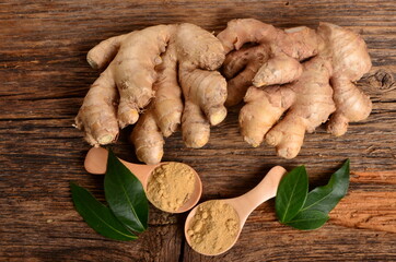 Fresh ginger root and ginger powder in the wooden spoon on a old wooden background. Green leaves