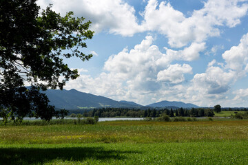 Obraz premium Nature landscape with mountain panorma at lake Staffelsee, Bavaria, Germany