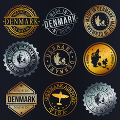 Denmark Quality Germany Metal Stamps. Gold Made In Product Seal. National Logo Icon. Symbol Design Insignia Country.
