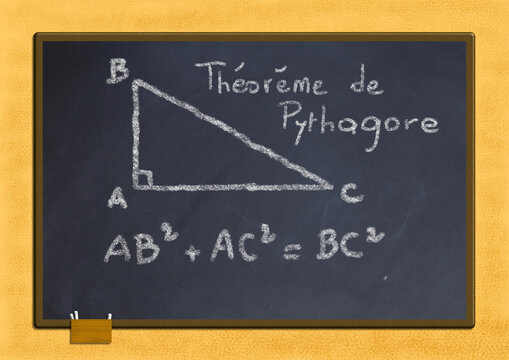 Sur un tableau noir d'école, on a dessiné un triangle rectangle et écrit la formule du théorème de Pythagore