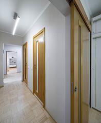 Contemporary interior of narrow hallway in modern apartment. Wooden doors. White walls. Living room.