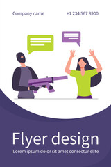 Criminal in mask aiming gun at scared victim. Woman raising arms and talking to offender flat vector illustration. Robbery, hostage taking concept for banner, website design or landing web page