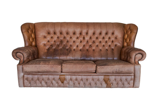 Old brown leather sofa couch luxury furniture, vintage isolated on white background. Clipping path