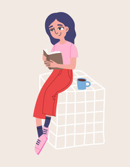 Hand-drawn vector illustration of girl reading a book in red pants with blue cup of tea isolated on beige background. Illustration in cartoon style. For greeting card and another print design.