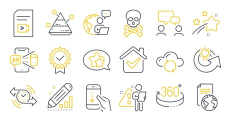 Set of Technology icons, such as Video file, Edit statistics, Star symbols. Scroll down, Translation service, Chemical hazard signs. Cloud sync, 360 degrees, Share idea. Pyramid chart. Vector