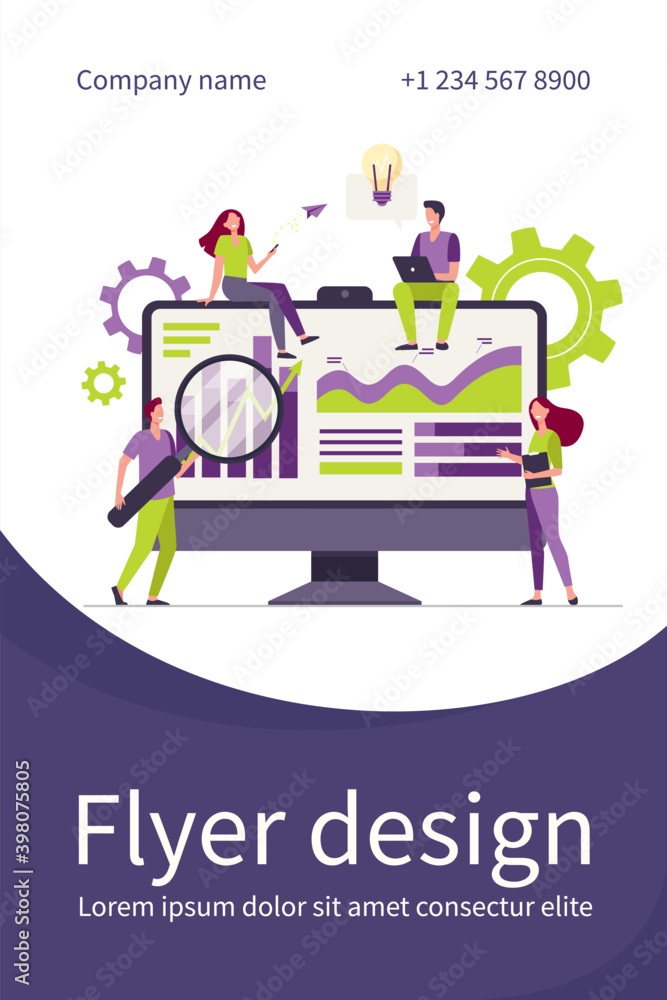 Poster tiny analysts working with data on dashboard isolated flat vector illustration. cartoon office worke