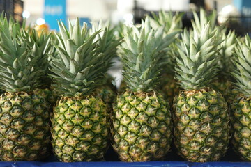 Assortment of fresh pineapples at market stall. Row fresh tropical fruits at grocery store close up.
