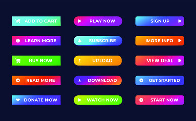 Website gradient button set. Abstract web action buttons vivid colors isolated dark background. Vector illustration