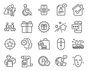 Business icons set. Included icon as Truck delivery, Surprise gift, Resume document signs. Security agency, Disability, Time management symbols. Star target, Health skin, Gift box. Vector