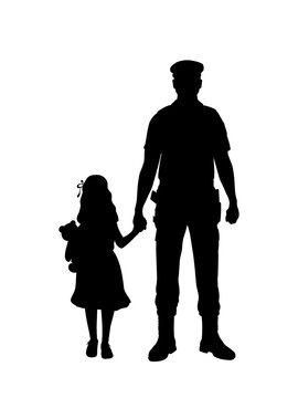 Silhouette policeman finds child girl