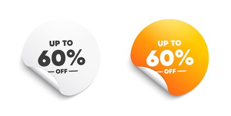 Up to 60 percent off Sale. Round sticker with offer message. Discount offer price sign. Special offer symbol. Save 60 percentages. Circle sticker mockup banner. Discount tag badge shape. Vector