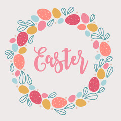Easter wreath with colorful eggs and leaves. Vector greeting card