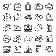 Airport line icons. Boarding pass, Baggage claim, Arrival and Departure. Connecting flight, tickets, pre-order food icons. Passport control, airport baggage carousel, inflight wifi. Vector