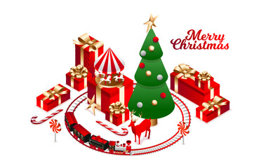 Naklejka premium Vector isometric flat illustration. graphic design festive merry christmas and happy new year 2021. design elements on a red background isometric christmas tree with red gift boxes with golden bows