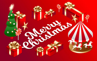 Vector isometric flat illustration. graphic design festive merry christmas and happy new year 2021. design elements on a red background isometric christmas tree with red gift boxes with golden bows