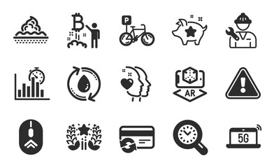 5g notebook, Ranking and Report timer icons simple set. Bicycle parking, Skin care and Heart signs. Refill water, Time management and Change card symbols. Flat icons set. Vector