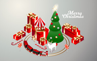 Vector isometric flat illustration. graphic design festive merry christmas and happy new year 2021. design elements on a red background isometric christmas tree with red gift boxes with golden bows