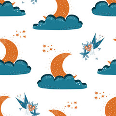 Fashionable seamless pattern moon in the cloud. Fabric design with moon and clouds and stars. Vector cute repeating pattern for fabric, Wallpaper or wrapping paper