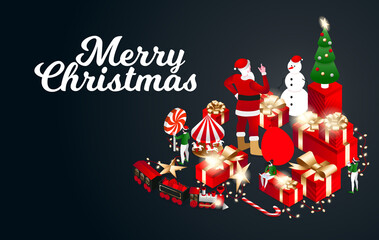 Vector isometric flat illustration. graphic design festive merry christmas and happy new year 2021. design elements on a red background isometric christmas tree with red gift boxes with golden bows