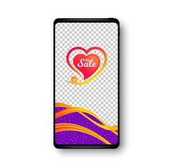 Big sale sticker. Phone mockup vector banner. Discount banner shape. Love design icon. Social story post template. Big sale badge. Cell phone frame. Liquid modern background. Vector