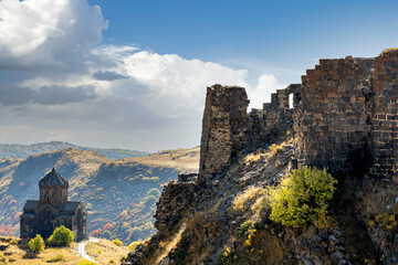 Fototapeta premium Vahramashen Surp Astvatsatsin, 10th century church and the fortress of Amberd, in Mount Aragats along the promontory of Arkashian River.