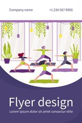 Women exercising in fitness club, attending yoga class, standing in warrior pose on mat. Flat vector illustration for physical activity, gymnastics, lifestyle concept