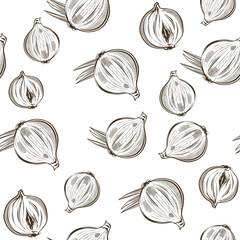 Black and white seamless pattern with onion in vintage style