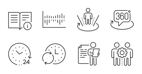 Update time, Technical info and Augmented reality line icons set. Employees teamwork, 360 degree and Column diagram signs. Job interview, 24 hours symbols. Quality line icons. Vector