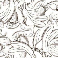 Black and white seamless pattern with bananas and strawberries in vintage style