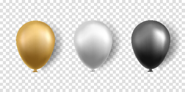 Balloons isolated on transparent background. Gold, silver and black balloons with shadow. Vector illustration.