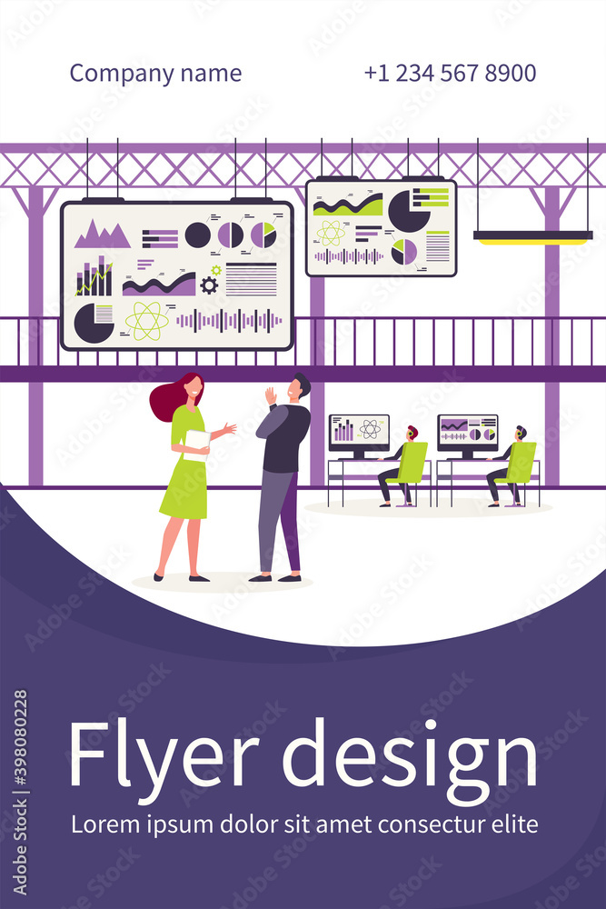 Aufkleber business people working in control center with big screens flat vector illustration. cartoon enginee