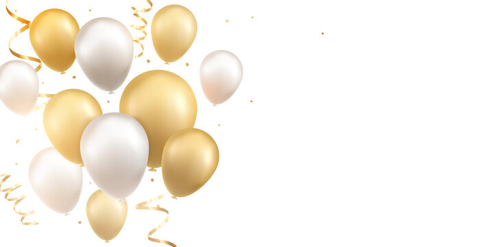 Gold and silver balloons with confetti on white background. Celebration background design.
