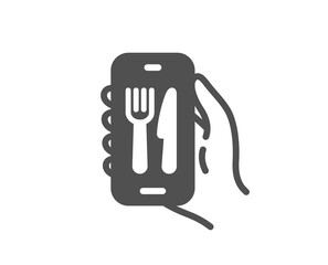Restaurant app icon. Hand hold phone sign. Cellphone with screen notification symbol. Quality design element. Flat style restaurant app icon. Editable stroke. Vector