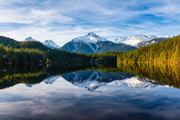 Beautiful Peaceful View of Levette Lake with famous Tantalus Mountain Range in the background. Taken in Squamish, North of Vancouver, British Columbia, Canada.