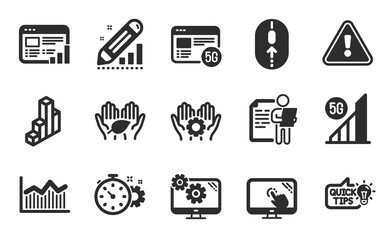 Cogwheel timer, Settings and 5g internet icons simple set. Fair trade, Touch screen and Edit statistics signs. 3d chart, Employee hand and Swipe up symbols. Flat icons set. Vector