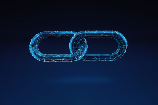 Illuminated wireframe of two chain pieces on dark blue background. 3D Rendering