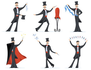 Fototapeta na wymiar Stylish magician showing magic tricks flat set for web design. Cartoon illusionist in cylinder hat and cloak isolated vector illustration collection. Circus and performance concept