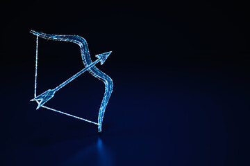 Illuminated wireframe of a bow and arrow on dark blue background. 3D Rendering