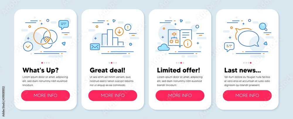 Poster set of education icons, such as technical algorithm, euler diagram, decreasing graph symbols. mobile