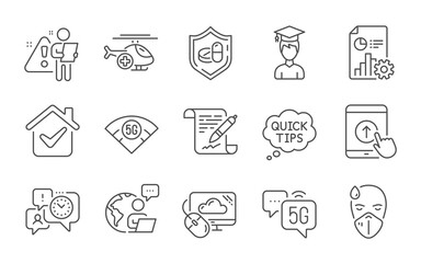 Student, Cloud computing and Report line icons set. Medical tablet, Agreement document and 5g wifi signs. 5g internet, Sick man and Swipe up symbols. Line icons set. Vector