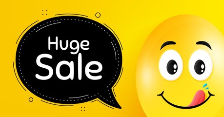 Huge Sale. Easter egg with yummy smile face. Special offer price sign. Advertising Discounts symbol. Easter smile character. Huge sale speech bubble. Yellow yummy egg background. Vector