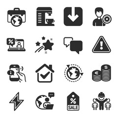 Set of Business icons, such as Sale coupon, Energy, Businessman case symbols. Engineering team, Call center, Support signs. Currency, Outsourcing, Speech bubble. Online loan, Load document. Vector