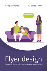 Unpleased woman talking with husband and son on sofa. Couch, wife, home flat vector illustration. Family and relationship concept for banner, website design or landing web page
