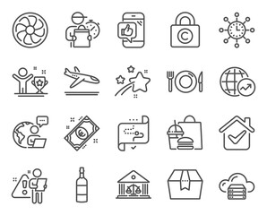 Business icons set. Included icon as Copyright locker, Arrivals plane, Brandy bottle signs. World time, Court building, Food symbols. Mobile like, World statistics, Target path. Fan engine. Vector