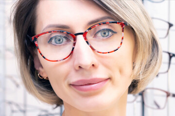 young woman in optic store choosing new glasses with optician. glasses in the store of optics. A woman chooses glasses. Emotions. Ophthalmology.