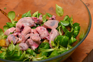 closeup of octopus salad on brown background