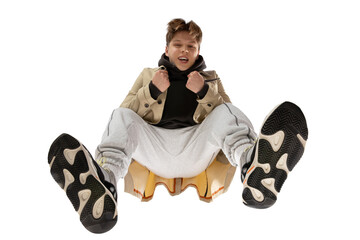 Showman. Young stylish man in modern street style outfit isolated on white background, shot from...