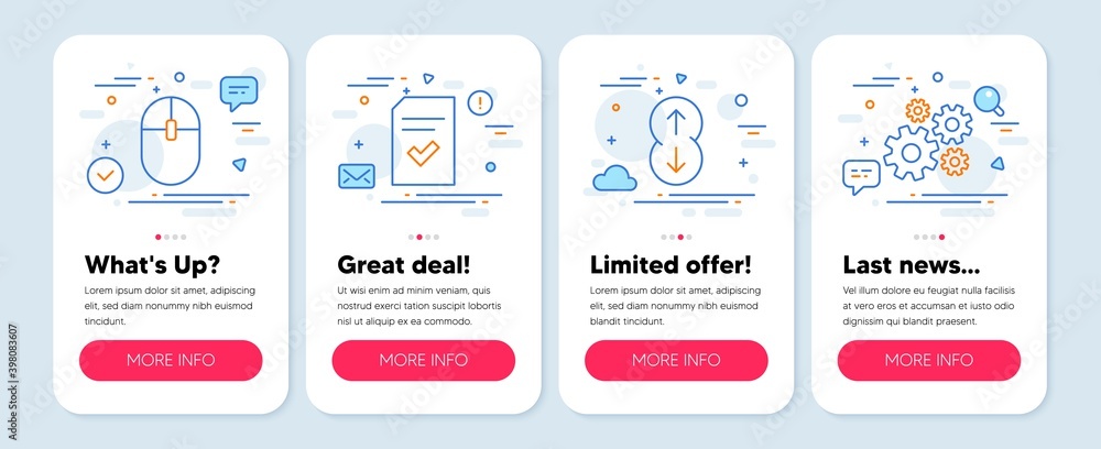 Poster set of technology icons, such as computer mouse, checked file, scroll down symbols. mobile app mocku