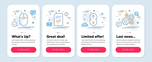 Set of Technology icons, such as Computer mouse, Checked file, Scroll down symbols. Mobile app mockup banners. Cogwheel line icons. Pc equipment, Correct document, Swipe arrow. Vector